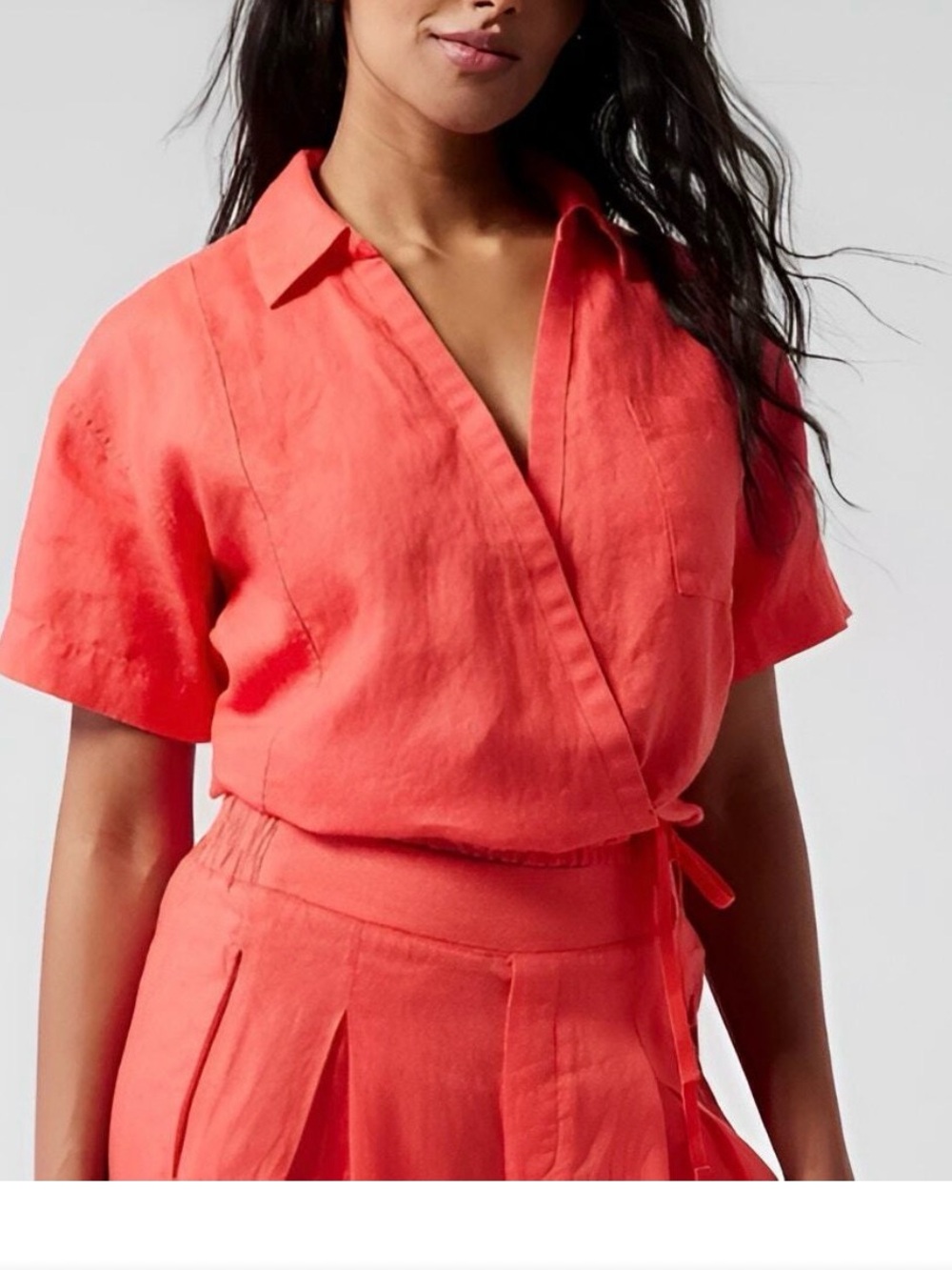 Athleta Playa Collared Tie Wrap Short Sleeve 100% Linen Crop Top Coral Small